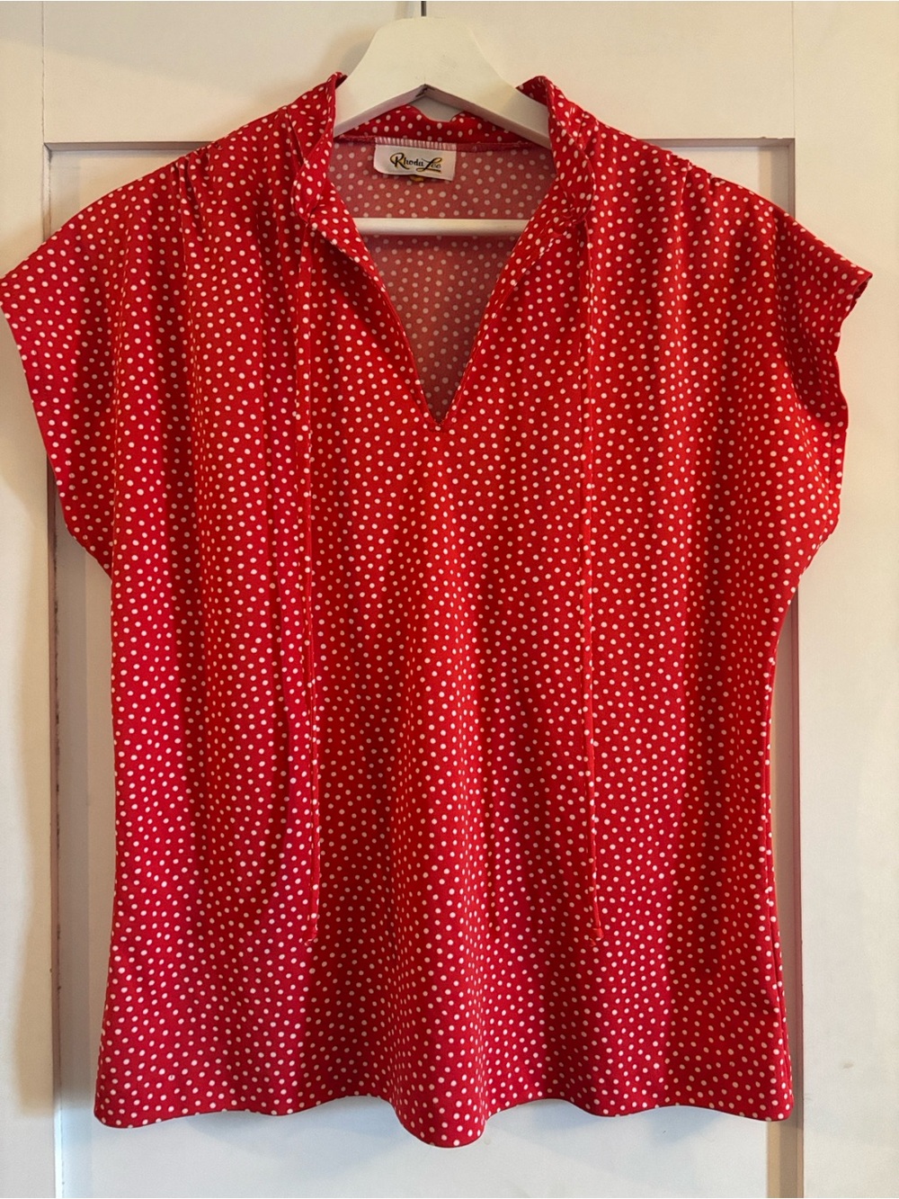 Vintage - 60s 70s Union Made Red Polka Dot Tie Neck Cap Sleeve Blouse